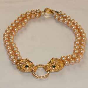 Les Bernard Lion Head & Faux Pearl Necklace